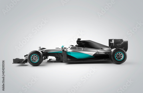 Race car and driver angled view isolated on grey background. side view. 3D Rendering