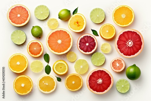 Assortment of citrus fruits on white background. Ideal for designing café menus. Generative AI