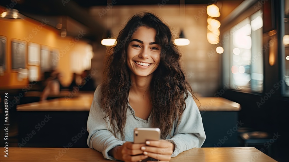 Smiling woman looking at camera to take online video to sell products by smartphone app Smiling woman looking at camera to take online video to sell products by smartphone app