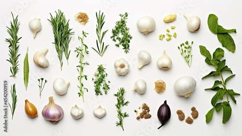A top-down view of fresh garlic bulbs and an assortment of aromatic culinary herbs like rosemary, thyme, and basil, neatly arranged on a clean white background. photo