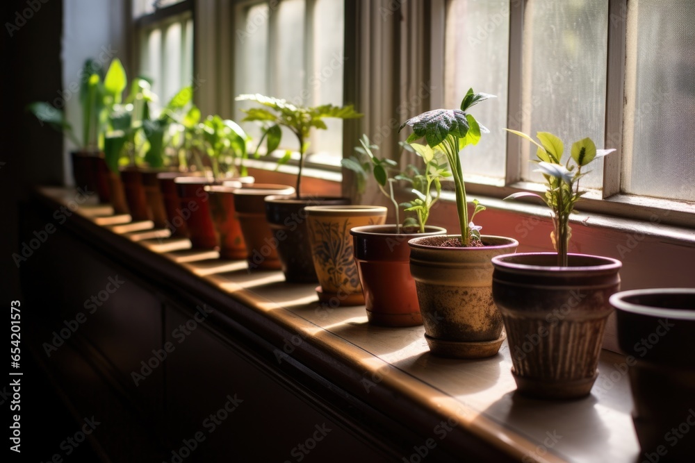 identical plant pots lined up on a windowsill identical plant pots lined up on a windowsill