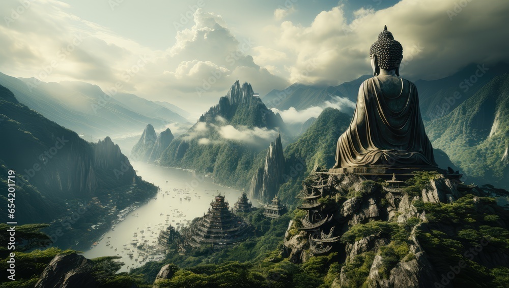 Buddha statue is shown above a mountain - obrazy, fototapety, plakaty 