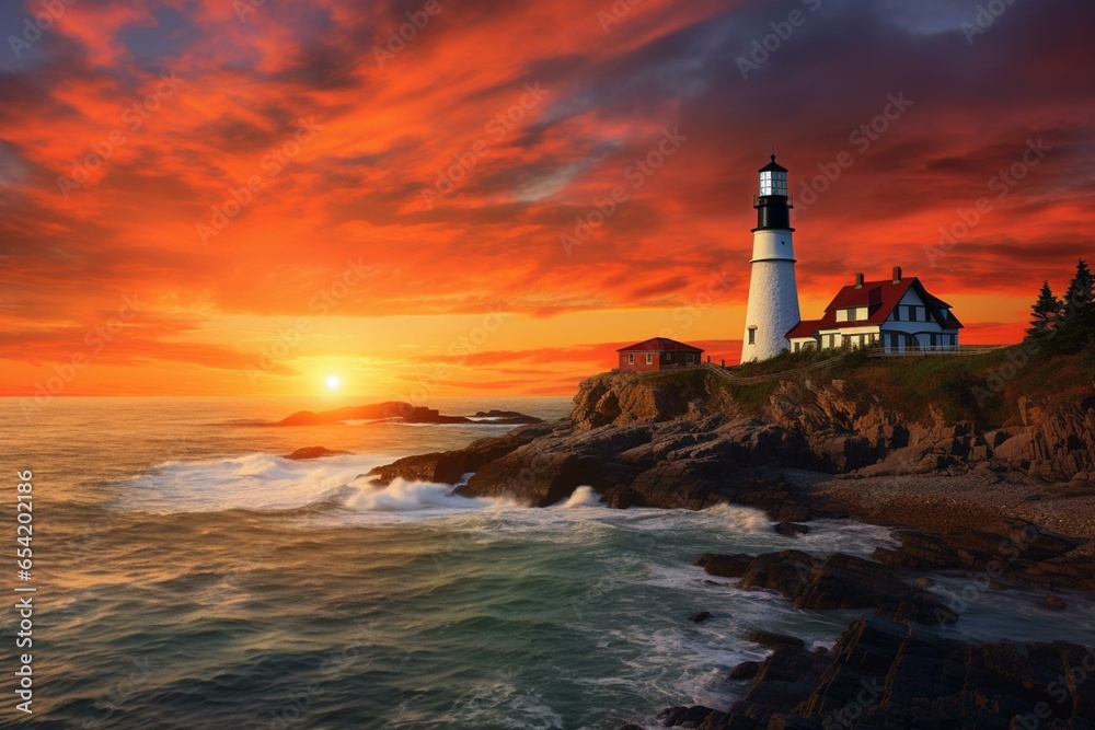 Beautiful sunset showcasing Portland Head Lighthouse, Oregon, USA. Generative AI