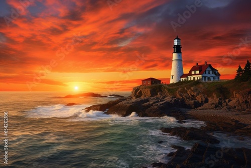 Beautiful sunset showcasing Portland Head Lighthouse, Oregon, USA. Generative AI