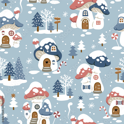 Seamless vector pattern with cute winter mushroom houses, snowflakes and snowy trees. Hand drawn  Christmas wallpaper design. Perfect for textile, wallpaper or nursery print design.