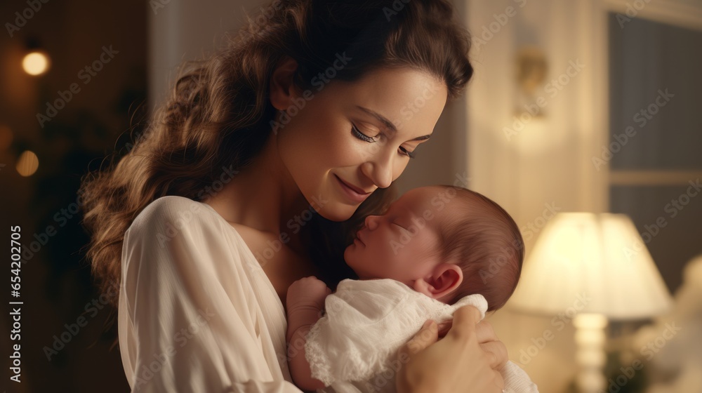 Loving mom carying of her newborn baby at home. Bright portrait of happy mum holding sleeping infant child on hands. Mother hugging her little 2 months old son