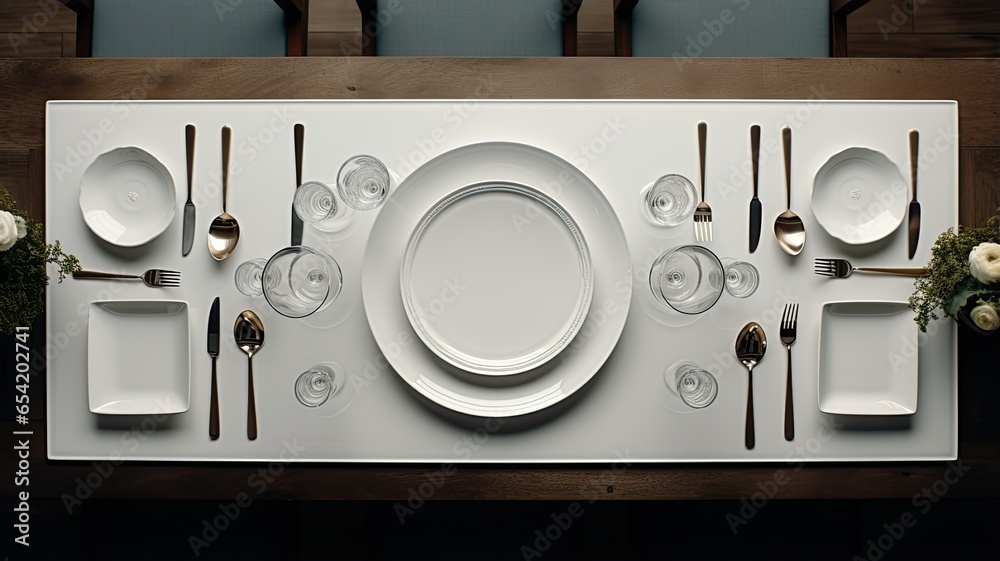 Obraz premium a pristine marble dining table, featuring neatly arranged white ceramic plates on stands, gleaming silverware, condiment bottles, and crisp napkins.