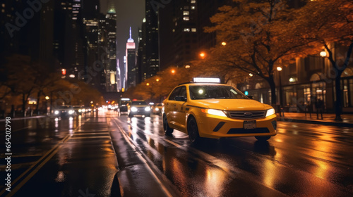 A taxi through the city streets on a quiet autumn night