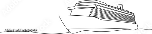 continuous single line drawing of large cruise ship on ocean, line art vector illustration