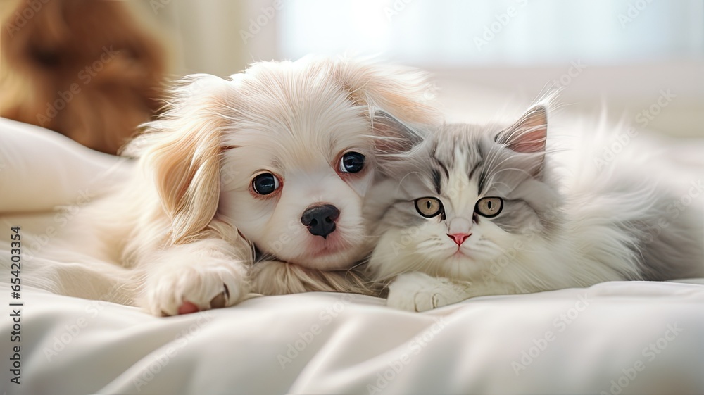 a curious puppy tenderly embracing a tiny kitten. Both pets gaze upwards in unison, their eyes filled with wonder and innocence, set against a clean white background.