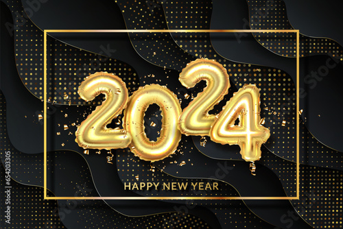 Happy New Year 2024. Golden realistic metallic balloons numbers with confetti.