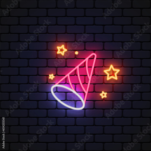 Birthday hat neon in 3d style on light background. Vector illustration