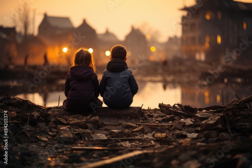 two children looking at piles of rubble