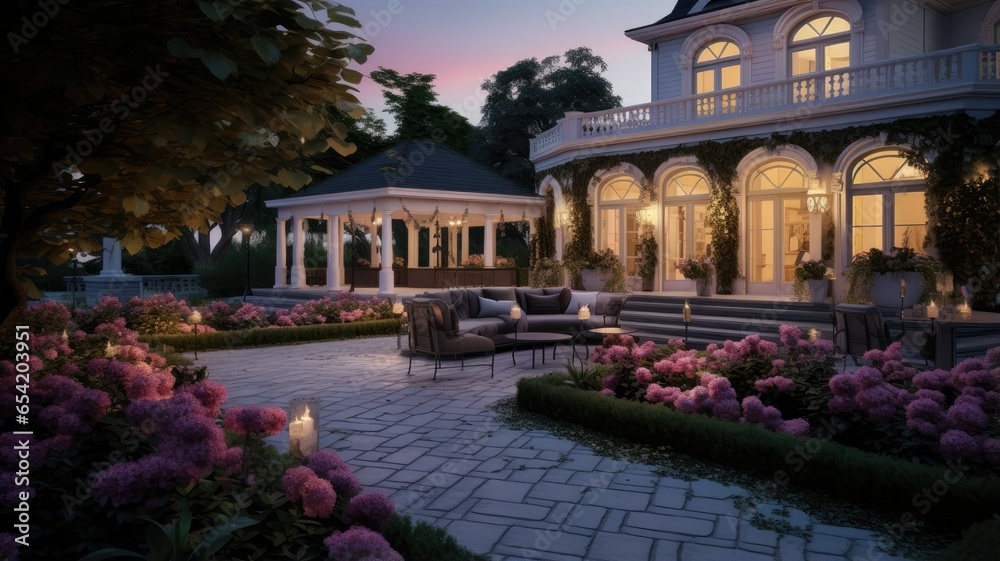 The marble tile deck glows with gentle lighting, leading the way to elegant flower beds and a well-kept lawn. The presence of a lamp and subtle outdoor lighting creates an idyllic atmosphere