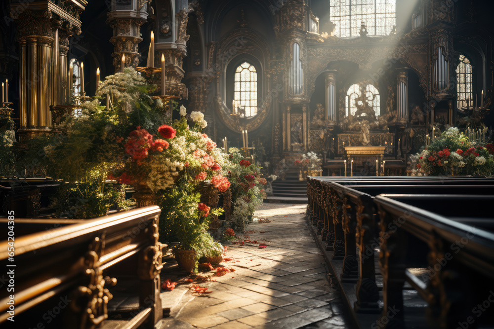 The peaceful interior of a church bathed in soft, golden light, creating an atmosphere of serenity. Generative Ai.