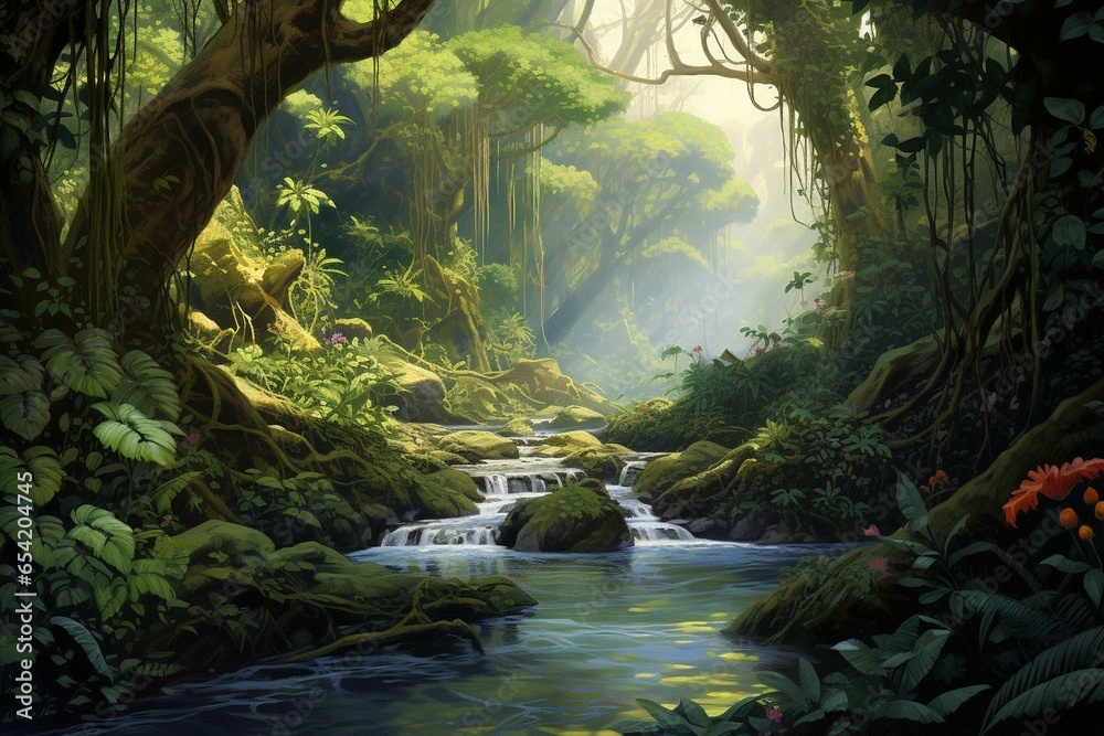 Lush rainforest, vibrant flora, creek, mossy rocks, riverbank plants, lianas, fictional landscape. Generative AI
