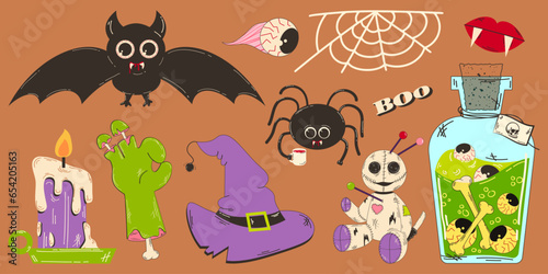Colorful set of Halloween elements in retro cartoon style. Potion with eyes, spider and bat character, voodoo doll and other elements.