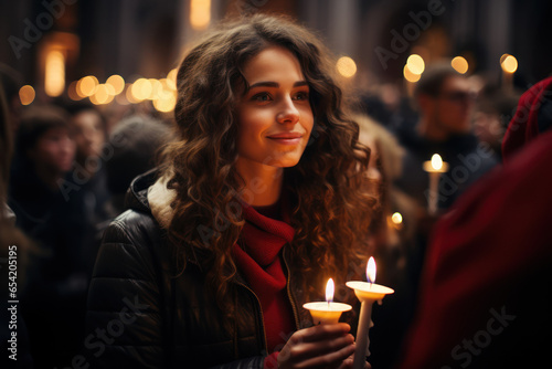 A candlelit vigil on Christmas Eve, with worshipers holding candles during a midnight service. Generative Ai.