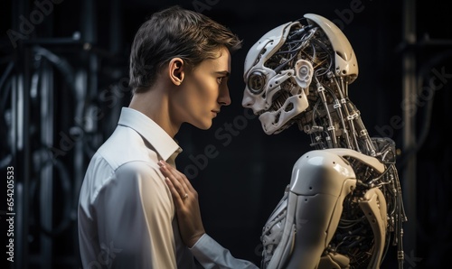 Photo of a couple sharing a passionate kiss in front of a futuristic robot