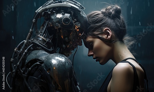 Photo of a woman kissing a robot in the rain