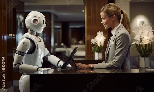 Photo of a woman working alongside a robot at a desk
