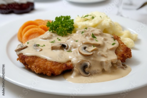 Pork schnitzel mushroom plate. Cuisine sauce food. Generate Ai