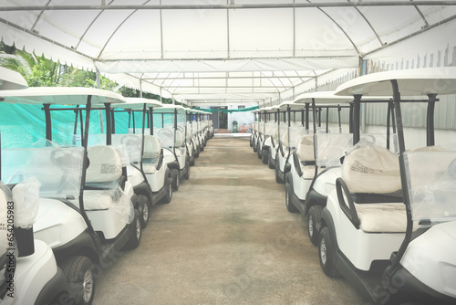 New golf carts parked in parallel and ready for delivery. 