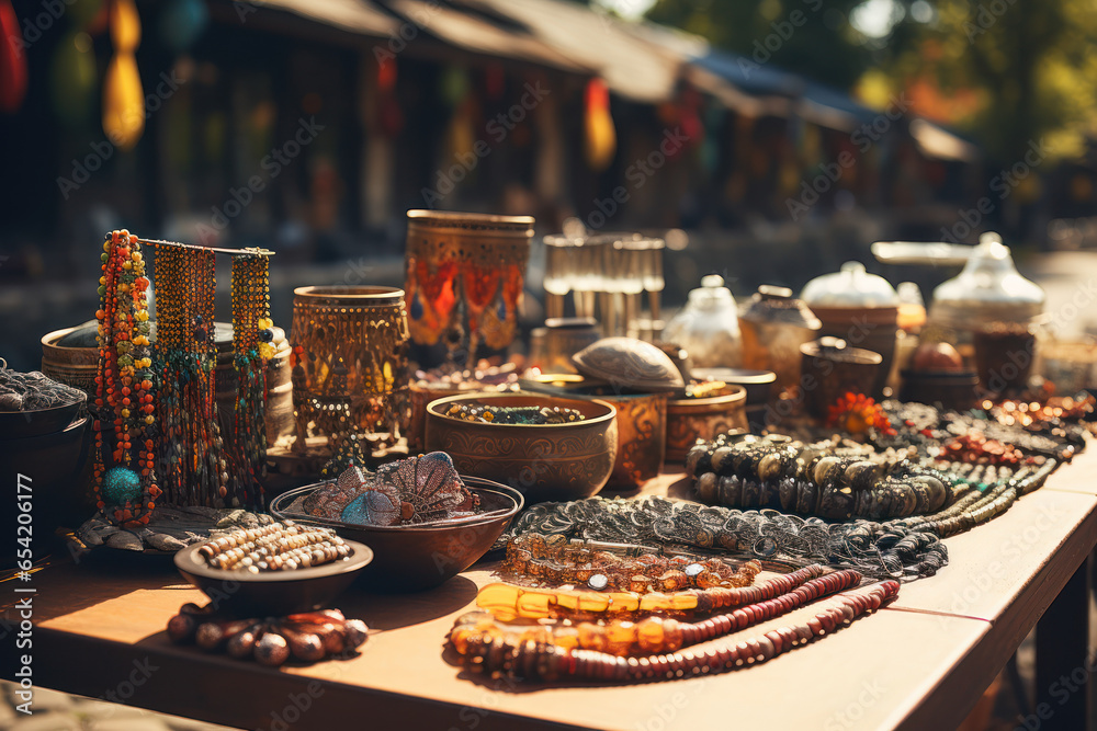Street vendors selling traditional Polish souvenirs, including amber jewelry and wooden handicrafts. Generative Ai. Street vendors selling traditional Polish souvenirs, including amber jewelry and wooden handicrafts. Generative Ai.