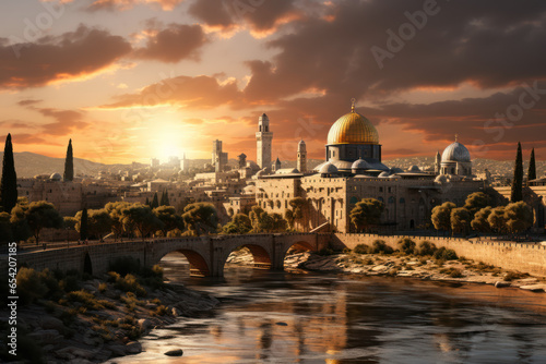 The ancient city of Jerusalem, a place of great significance for Judaism, Christianity, and Islam. Concept of religious diversity and history in the Near East. Generative Ai. photo