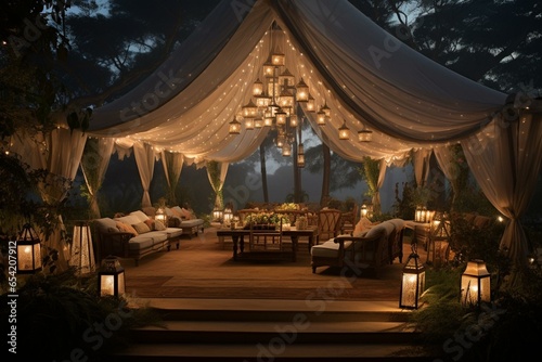 illuminated tent amid twilight in a lavish indoor-like setting. Generative AI