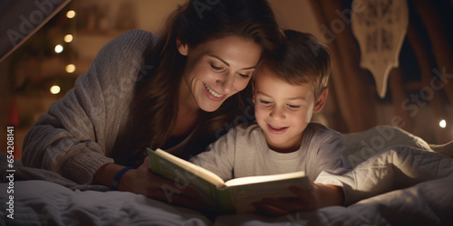 Mom and son read a book before bed in the twilight