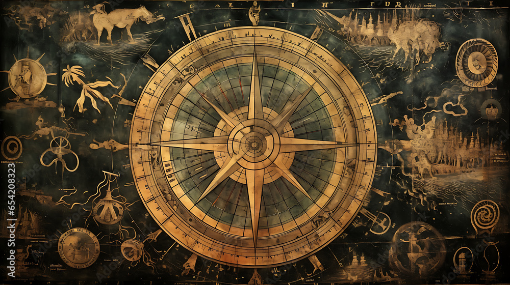 Ancient mariners navigating the vast oceans using primitive compasses and star maps, highlighting early exploration and discoveries