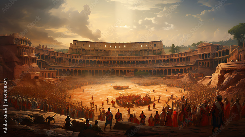 A vast Roman amphitheater, with gladiators preparing for combat ...