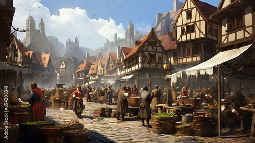 A bustling medieval marketplace, with merchants, craftsmen, and townsfolk going about their daily activities, showcasing life in the Middle Ages