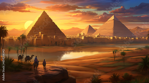 A serene ancient Egyptian landscape  with workers constructing monumental pyramids under the watchful eyes of the Sphinx