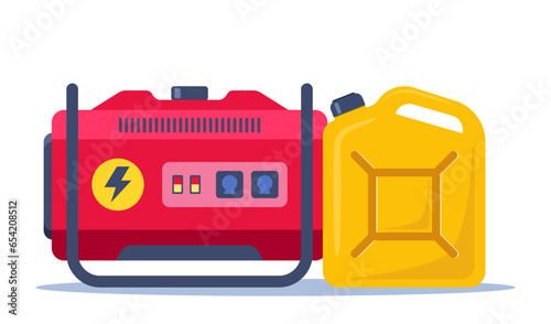 Portable electric power generator and canister with petrol, gasoline. Technology, electricity, energy concept. Vector illustration.