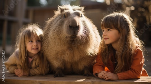Children interact with a capybara at a petting zoo © Татьяна Креминская