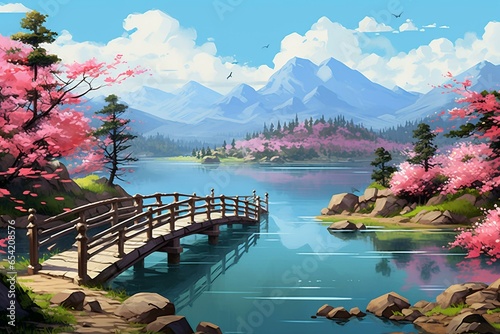 Scenic bridge with torii gate over a serene lake surrounded by pink flowers, blue sky, and mountains in a cartoonish speedpainting style. Generative AI