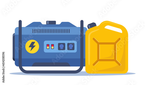 Portable electric power generator and canister with petrol, gasoline. Technology, electricity, energy concept. Vector illustration.