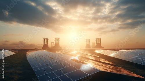 Morning sun over solar power plant, harnessing clean energy 