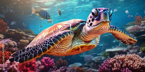 Portrait of a Sea Turtle Swimming in the Sea © Resdika