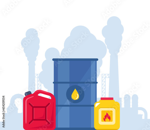 Chemical containers, jerrycan, barrel. Plastic bottle with flammable liquid. Highly polluting factory plant with smoking towers and pipes on background. Ecology, environmental pollution. Vector.