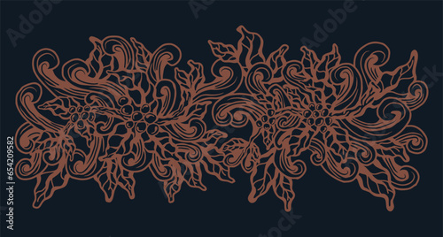 coffee vector graphic pattern abstract branch leaves bean on a black background, line art hand drawn
