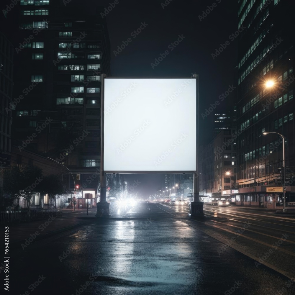 Blank billboard on light trails, street and city at night - can advertise to display or mount a product or business.