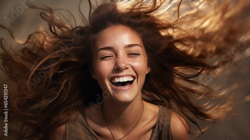 Happy young woman with brown hair. AI Generative