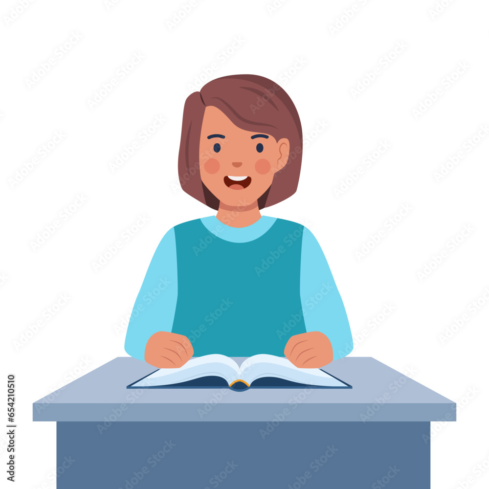 Primary school girl pupil sit at desk. Elementary education. Kid getting knowledge on lesson in class. Vector illustration.