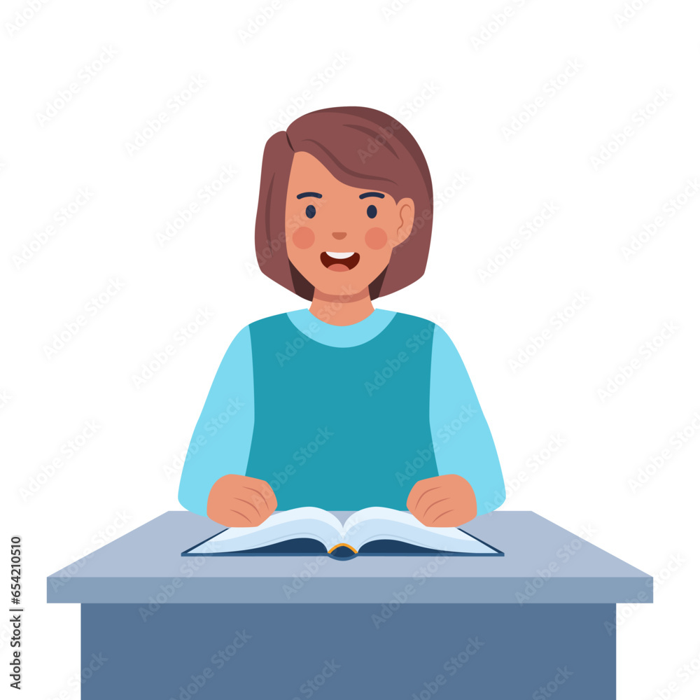 Primary school girl pupil sit at desk. Elementary education. Kid getting knowledge on lesson in class. Vector illustration. Primary school girl pupil sit at desk. Elementary education. Kid getting knowledge on lesson in class. Vector illustration.