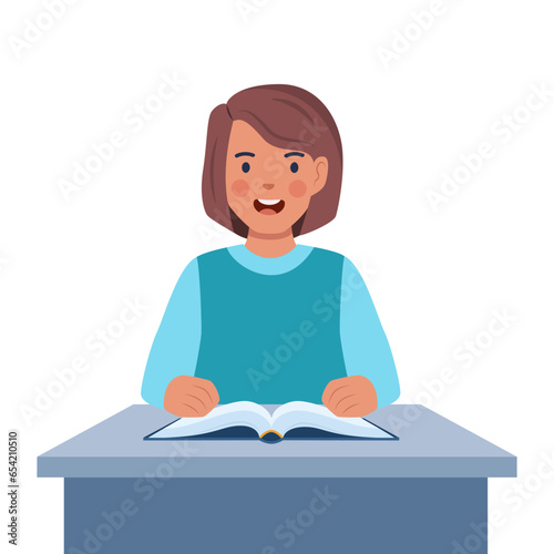 Primary school girl pupil sit at desk. Elementary education. Kid getting knowledge on lesson in class. Vector illustration.