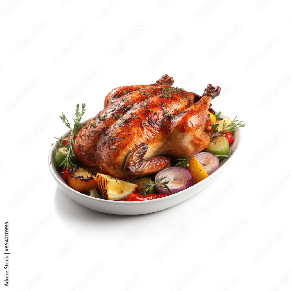 Whole baked chicken with grilled vegetables on a plate isolated on white background, studio shot, restaurant menu design element Whole baked chicken with grilled vegetables on a plate isolated on white background, studio shot, restaurant menu design element