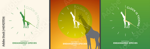 National Endangered Species Day Set. Green, white silhouette of giraffe inside clock, time is ticking concept, vector. Campaign against Illegal hunting, illegal poaching. Celebrated on May 20. Safari
